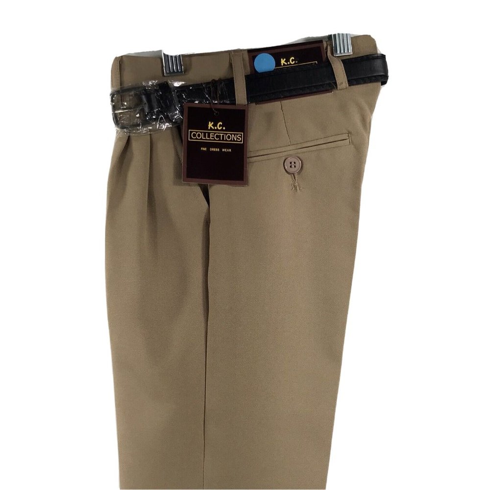 K.C. Collections Boys Khaki Dress Pants Belt Pleated Front Regular Hem Sizes 4-5